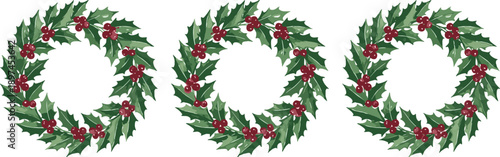 Christmas holly wreath illustration set, traditional green wreaths with red berries isolated on white background festive vector collection