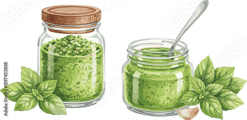 Fresh basil pesto sauce illustration, homemade green pesto in glass jars with basil leaves and garlic isolated on white background vector