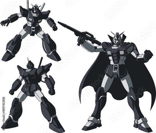 Futuristic Gundam-style robots in dynamic battle poses, heroic mecha warriors with armor, weapons, and cape, sci-fi anime-inspired mechanical illustration, vector art