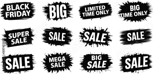 Black brushstroke sale labels, bold promotional icons, discount banner vector set, limited time offer graphics, retail marketing design, urgent deal signs