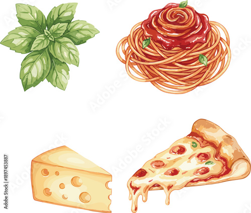 Italian food illustration set with basil leaves, spaghetti with tomato sauce, cheese wedge and pizza slice isolated on white background