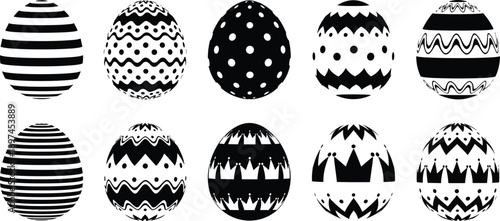 ector, black, silhouette, illustration, of, ten, decorative, Easter, eggs, with, various, patterns, including, stripes, dots, and, crowns, for, holiday, celebration, and, ornamental, design