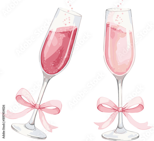 Pink champagne glass illustration set with ribbons and bubbles, elegant sparkling wine celebration design, romantic festive drink, isolated on white background