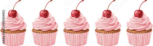 Pink cherry cupcake illustration set, sweet bakery cupcakes with whipped cream frosting and cherries isolated on white background vector