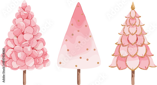 Pink Christmas tree illustration set with decorative pastel holiday trees, modern festive winter design elements, isolated on white background