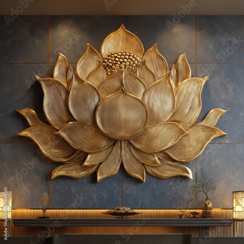 Intricate Ornate Golden Lotus Sculpture with Decorative Mandals and Swirl Motifs on Dark Background

