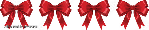 Red ribbon bow illustration set, shiny decorative gift bows with tails isolated on white background festive vector collection
