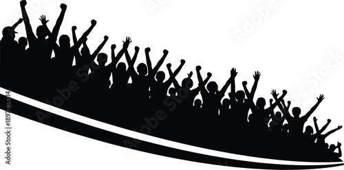 Sport Pennant, fans, crowd of people at a sports stadium, celebrating a goal or victory. Concert party, group of people with their hands raised in excitement or celebration. 