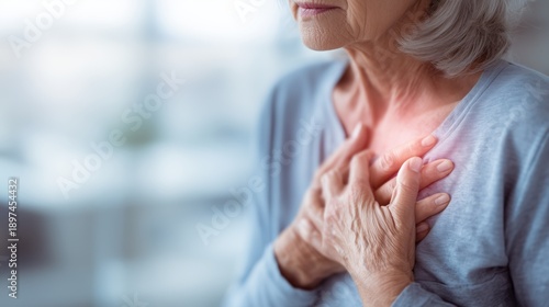 Elderly woman holding chest in pain. Heart attack symptoms in senior age. Sudden chest pain and discomfort. Cardiovascular disease warning concept. Emergency healthcare situation at home.