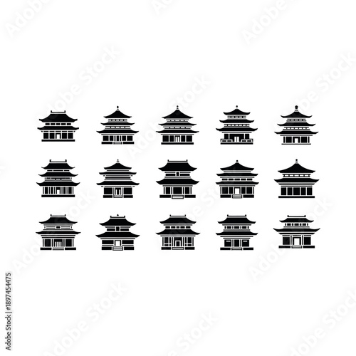 Collection of traditional Asian pagoda buildings in various styles and designs illustrated