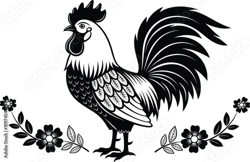 Vector, black, and, white, woodcut, style, illustration, of, a, majestic, rooster, with, detailed, feathers, and, floral, wreath, for, farm, poultry, and, rural, design