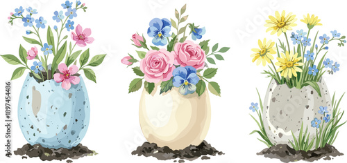 Spring flowers in eggshell pots illustration set, blooming garden florals growing from decorative egg planters isolated on white background vector