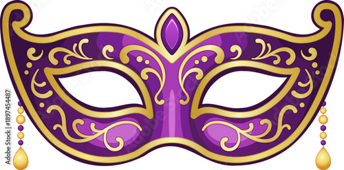 Ornate Purple Masquerade Mask with Gold Swirls and Beads – Carnival Mystery Mardi Gras Illustration