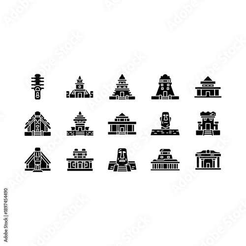 Various ancient temple structures and monuments depicted in simple black illustrations.