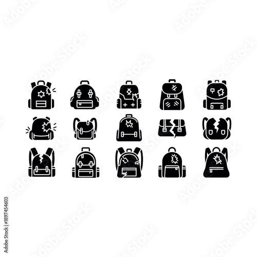 Various damaged backpacks with injuries and symbols.