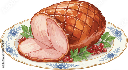 Traditional roasted ham illustration with sliced meat, herbs and berries on decorative plate, isolated on white background