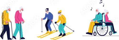 Senior lifestyle illustration showing elderly people walking with canes skiing together and relaxing in wheelchair listening to music