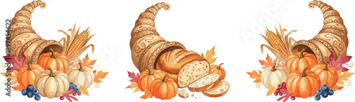 Thanksgiving cornucopia illustration set with pumpkins, bread, corn and autumn leaves, harvest festival abundance concept, traditional fall season design