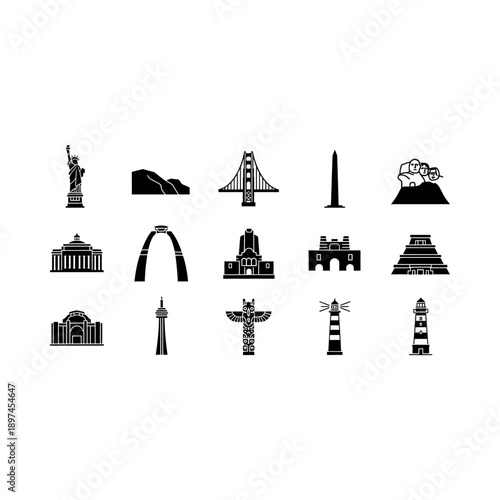 Monuments and landmarks icons showcase global travel destinations and architecture