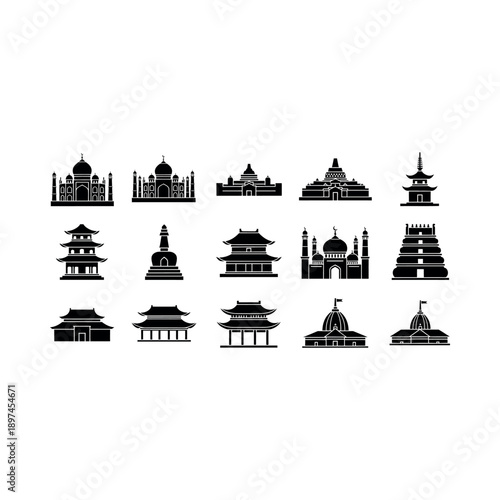 Collection of iconic buildings and landmarks from around the world in silhouette
