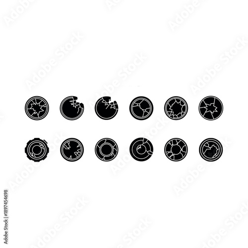 Collection of assorted cracked earth texture icons in black and white, symbolizing environmental issues and global concerns.