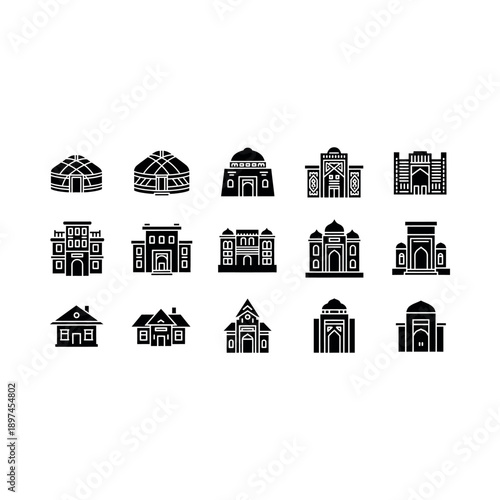 Various architectural structures and buildings illustrated in black.