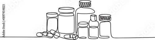 One continuous line drawing of medicine set with pills.one line victor illustration in white Background.