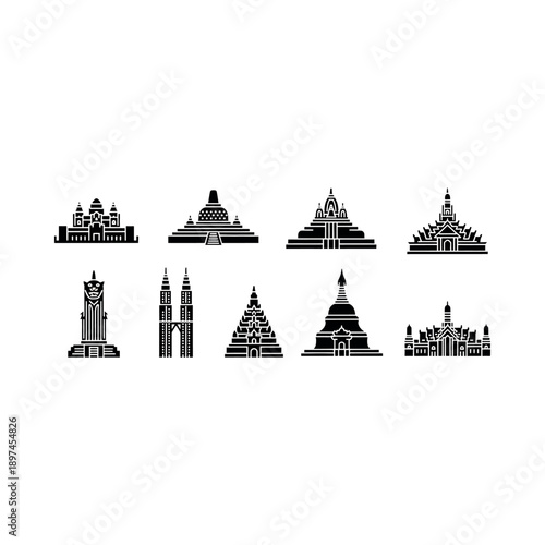 Collection of famous monuments and landmarks illustrated in black and white on a plain background.