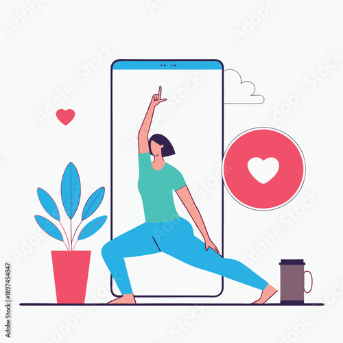 Online Yoga Class on Smartphone Flat Vector Illustration: Health Fitness App, Wellness Workout at Home, Digital Exercise, Mobile Video Training