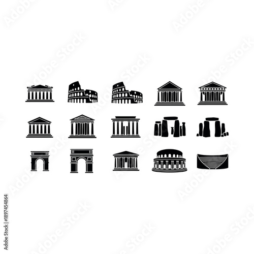 Collection of famous historical monuments and landmarks illustrated in black and white, including Greek temples, Roman ruins, and iconic structures