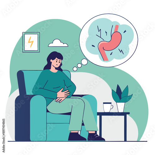 Pensive Woman with Stomach Illustration Flat Vector: Digestive Health, Indigestion Awareness, Medical Wellbeing, Gastrointestinal Issue