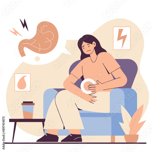 Woman Suffering from Stomach Pain Flat Vector Illustration: Digestive Problems, Health Issues, Indigestion, Abdominal Pain, Medical Concept