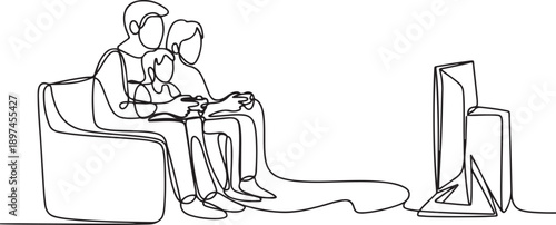 continuous line drawing young family couple sitting on sofa playing computer games on gaming console and watching tv set.one line victor illustration in white Background.