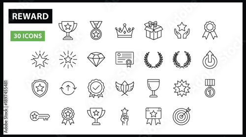 Reward and Achievement Line Icon Set Featuring Trophy Medal Crown Gift Box Certificate Diamond Star Ribbon Laurel Wreath
