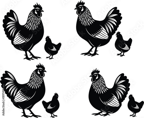 Vector, black, silhouette, illustration, of, a, mother, hen, and, small, baby, chick, in, four, different, poses, for, farm, poultry, livestock, and, agriculture