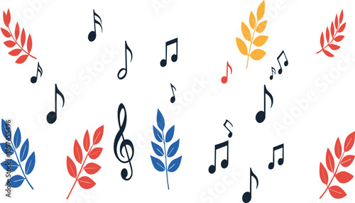 Set of colorful music notes and decorative leaves with treble clef in flat minimal style for creative vector illustration