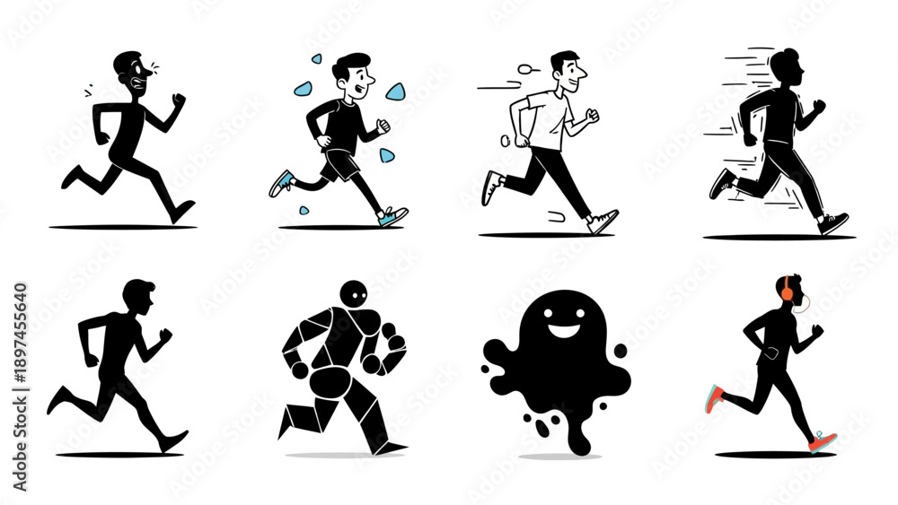 Fototapeta premium Various runners illustrations set depicting different styles of running including silhouettes stick figures abstract shapes and comic characters