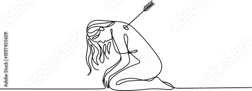 woman bows down and is sad an arrow is stuck on her back.one line victor illustration in white Background.