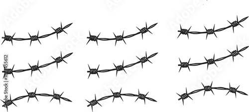 Set of curved barbed wire segments in hand drawn grunge style for danger security abstract vector illustration