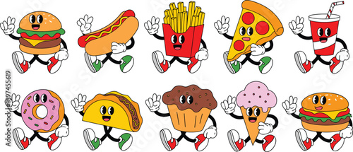 Fast food character vector set, cartoon snack icons, playful meal design, smiling food graphics, kids menu artwork, animated junk food elements