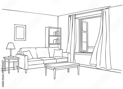 Quadro su tela Living room sketch with open window