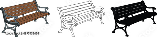 Outdoor park bench silhouette & Outline and illustration set isolated on transparent background