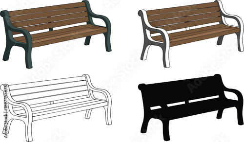 Outdoor park bench silhouette & Outline and illustration set isolated on transparent background
