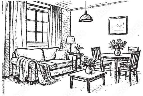 Hand drawn doodles sketch. Linear sketch of an interior. Living room with dinner table