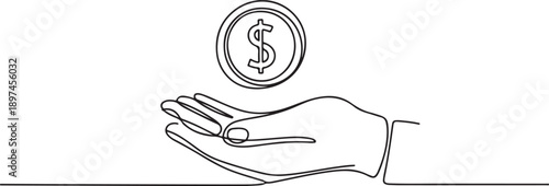 Continuous one line drawing dollar coin above hand. Budget planning concept.one line victor illustration in white Background.