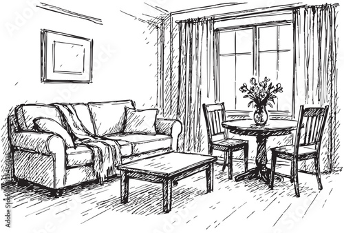 Hand drawn doodles sketch. Linear sketch of an interior. Living room with dinner table