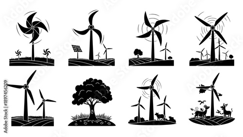 Clean energy wind turbine landscape silhouettes with farm fields solar panels and nature elements for environmental sustainability concept illustrations
