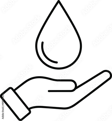 Minimalist black and white line art icon: Hand cupped open holding a single water drop, symbolizing purity, hydration, and eco-friendly water conservation.