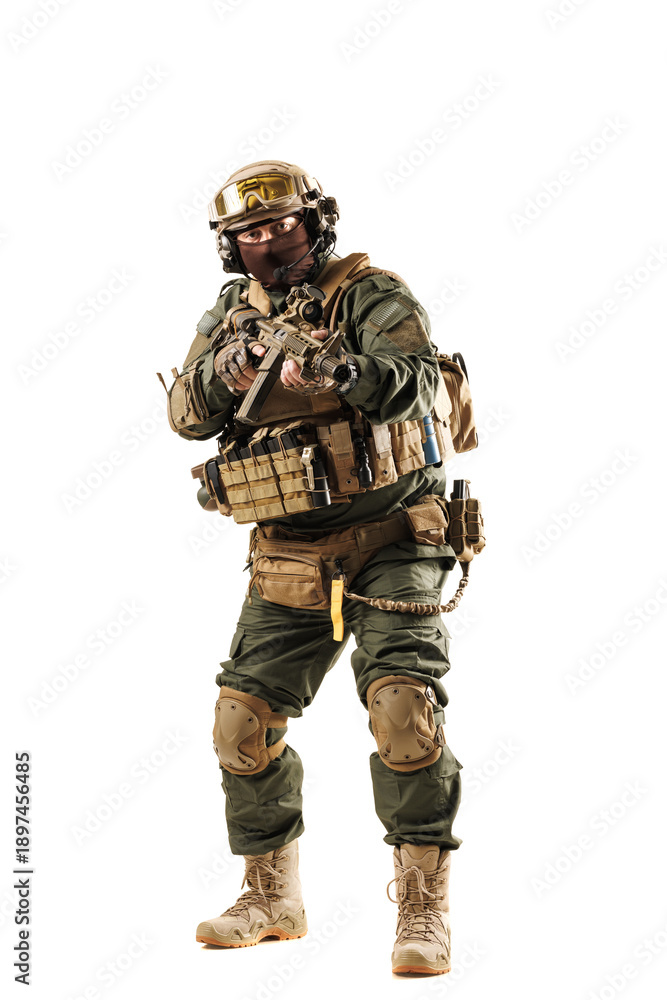 Fototapeta premium Modern Military Soldier Fully Equipped in Tactical Gear on a White Background