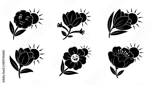 Collection of black cartoon flower characters with expressive smiling faces and sun backgrounds for playful children nature book illustrations design